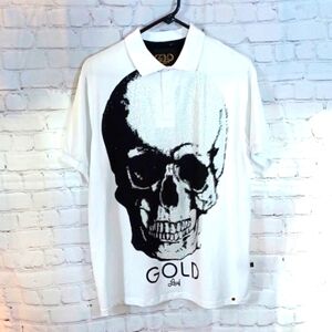 GOLD‎ Leaf Mens  White & Silver  Bling   Skull Cotton Shirt L   New